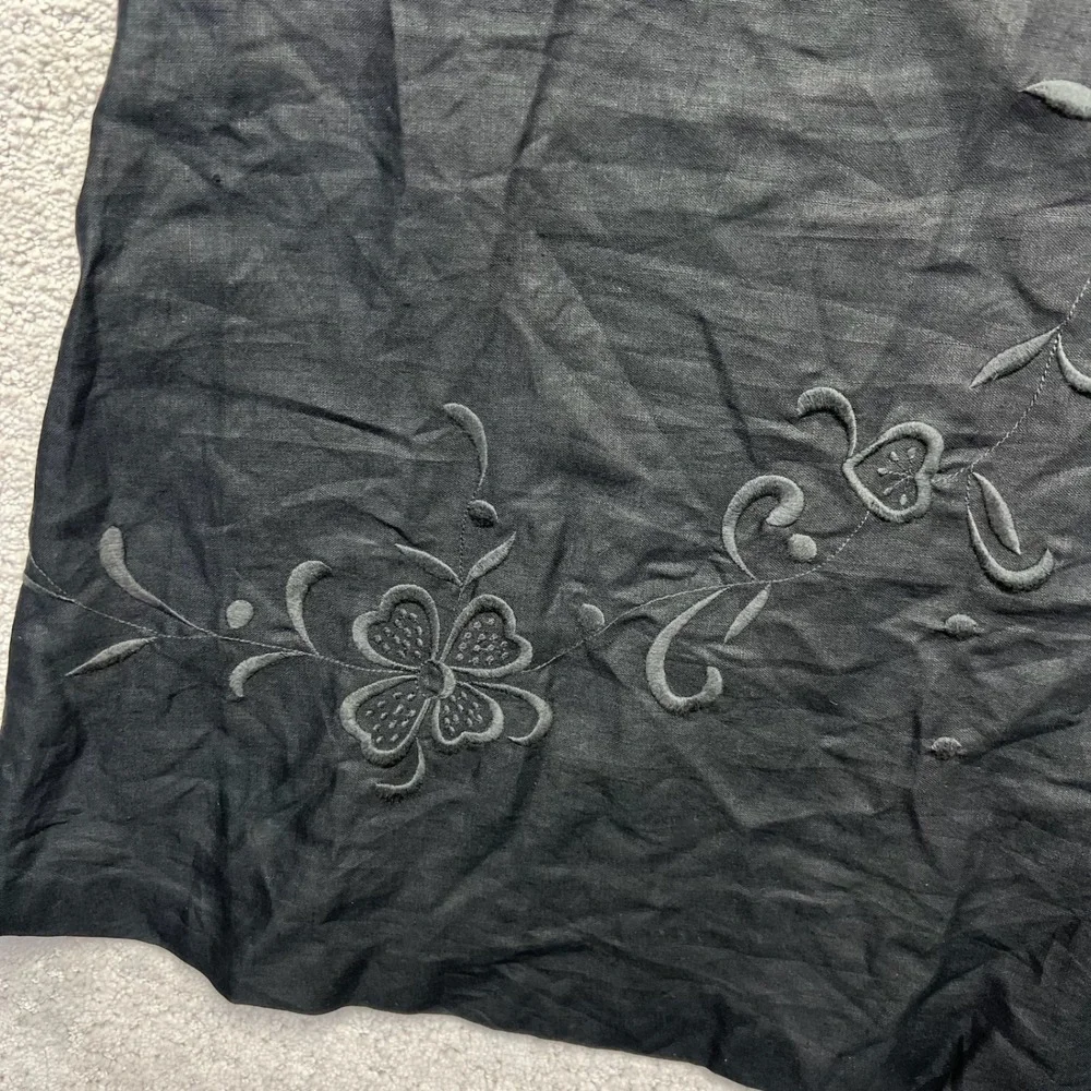 Evan-Picone Midi Skirt Women Size 10 Black 100% Linen A-Line Embroidered Flowers
